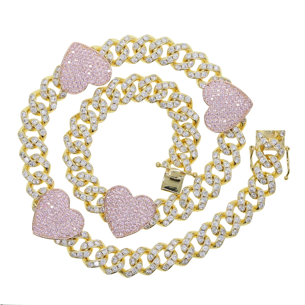 New 12mm Width Pink Heart Iced - огляд і ціна Cuban Link Chain 12Mm