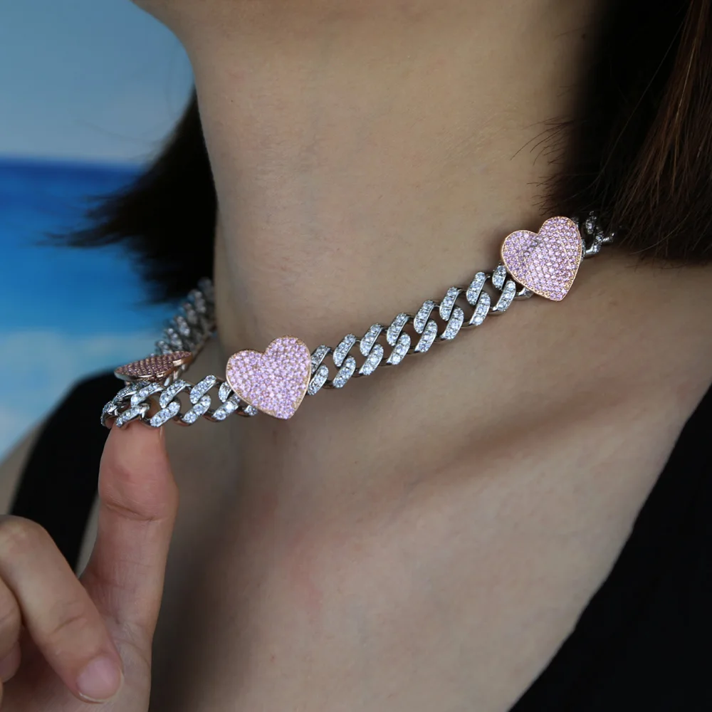New 12mm Width Pink Heart Iced - огляд і ціна Cuban Link Chain 12Mm